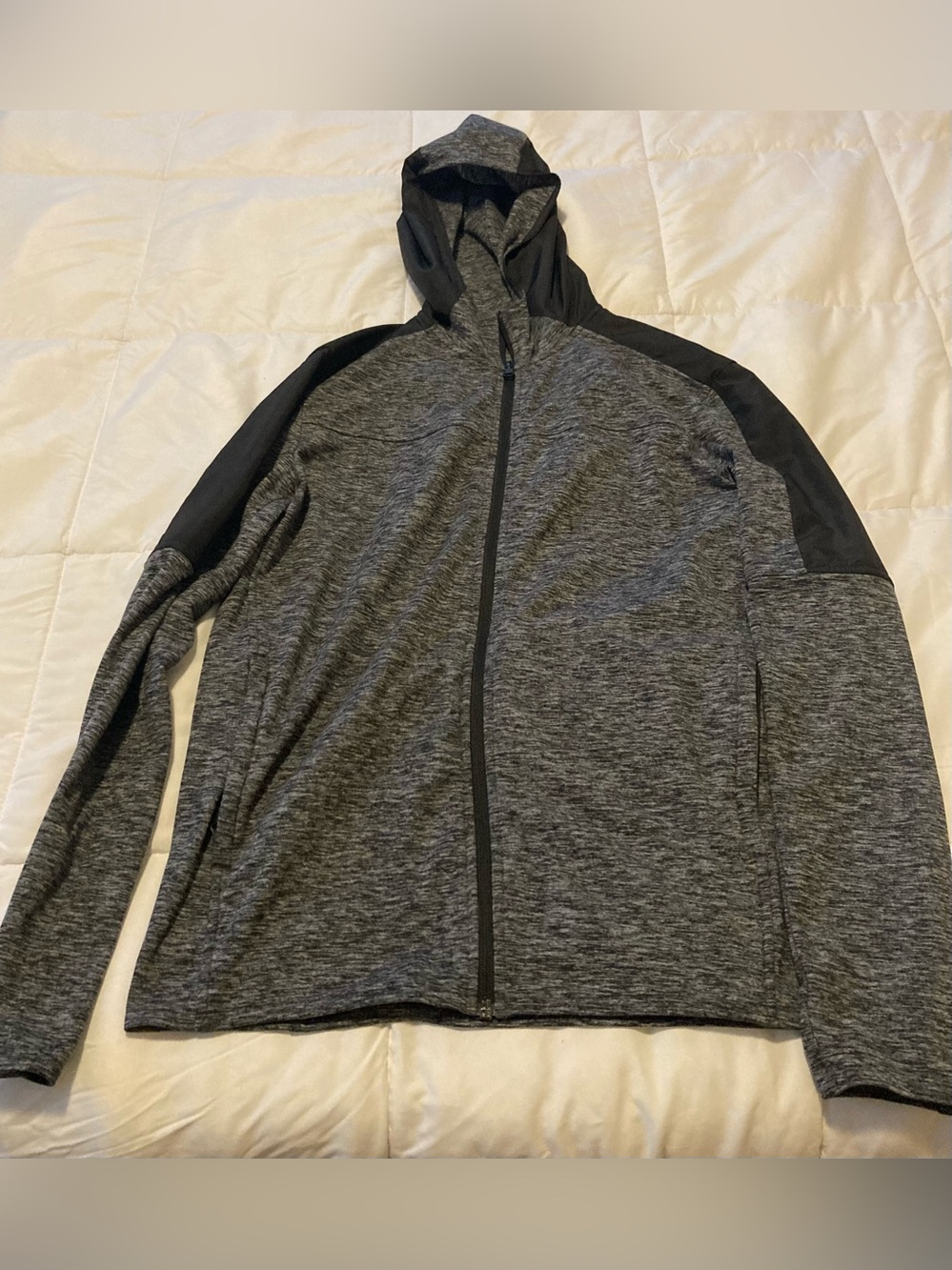 Banana Republic Men's Heather Gray Hooded Zip Jacket with Black Panels